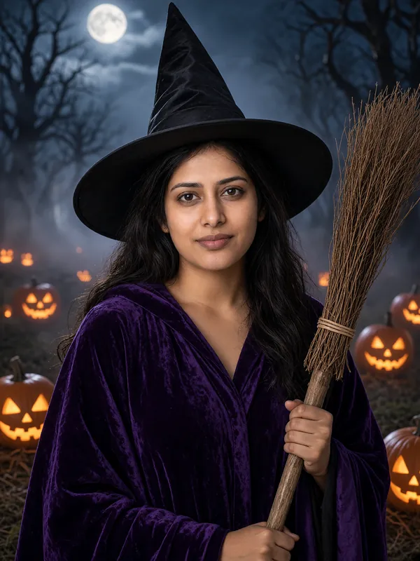 AI Halloween costume example: a woman in a pointed witch hat and purple robe holding a broom in a pumpkin patch
