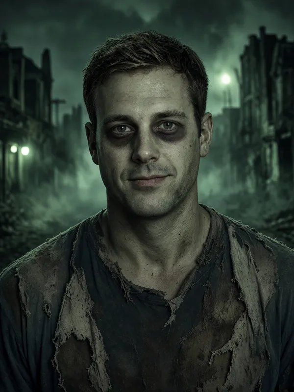 AI Halloween costume example: a man in zombie makeup and torn clothes on a foggy street at night